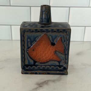 Vintage Japanese Blue & Terracotta Fish Motif Clay Vase 5" Tall